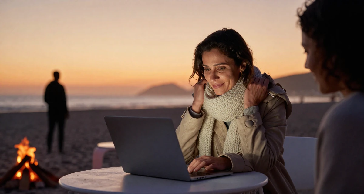 A emotionally moved Female From Brazil, trained in physical therapy in their 30, carrying the weight of years of hustling online, wearing a heavy knit scarf and coat, smiling at a stranger in a sunset beach.