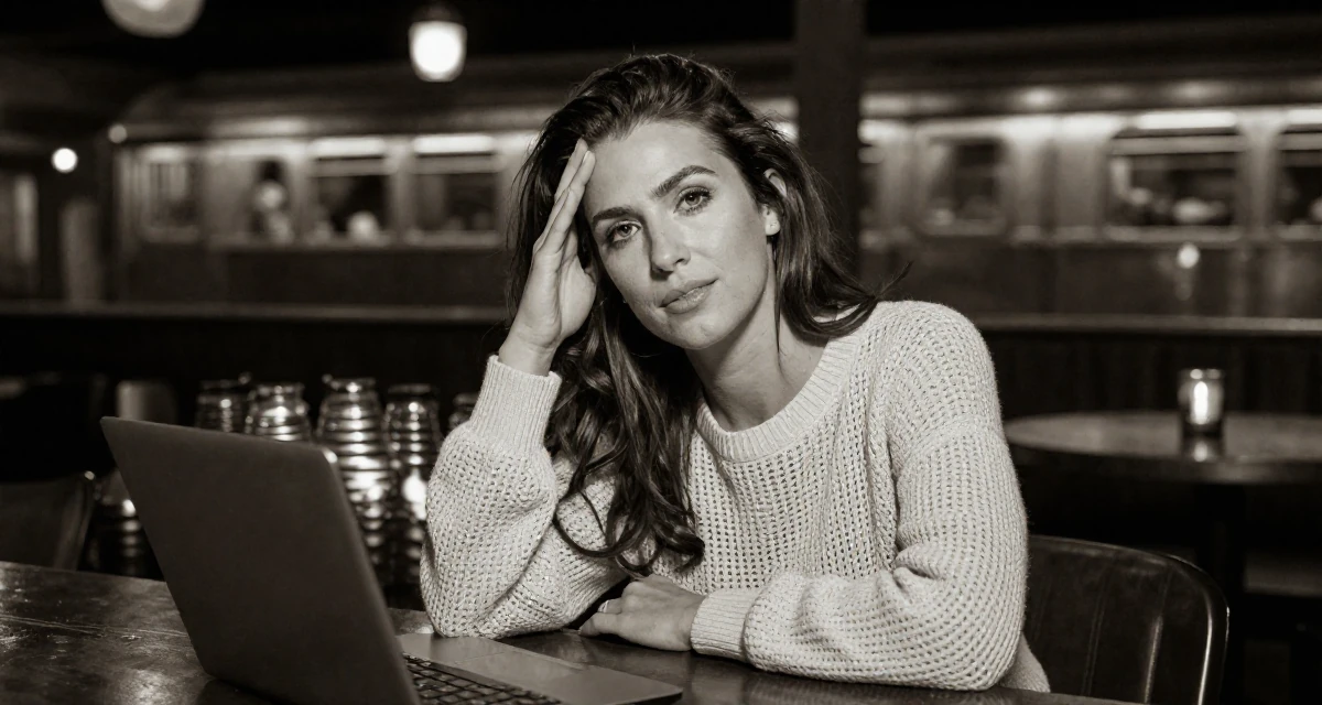 A reassured Female From USA, studied supply chain management in their 41, expert in digital marketing for small biz, wearing a loose open-knit sweater showing skin underneath, resting a hand on the forehead in a dimly lit jazz bar.