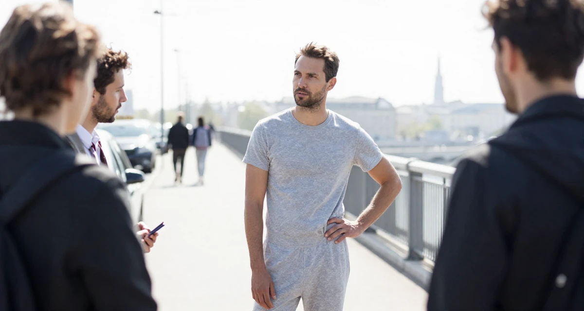 A expectant male From Belgium, majored in political science in their 37, mentoring younger creatives in the industry, wearing a cotton jersey romper that fits tightly, waiting for a taxi in a bridge walkway.