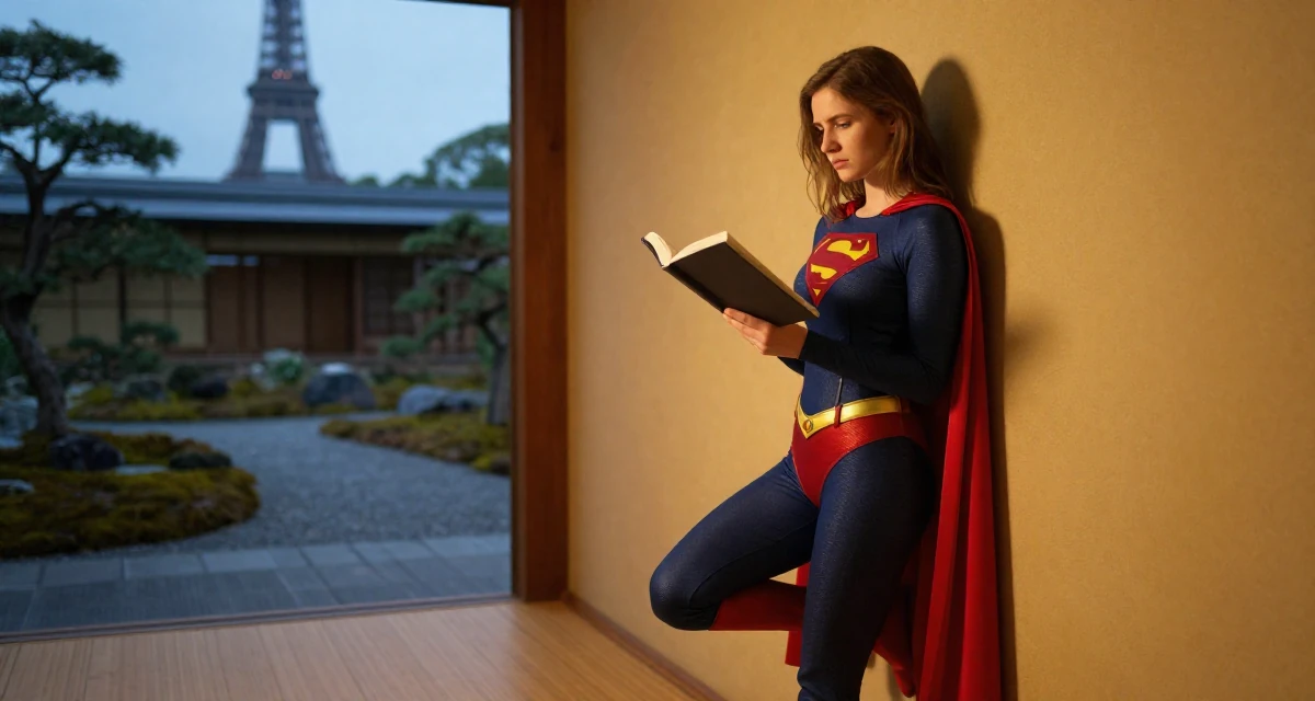 A wistful Female From Russia, studied mathematics and cybernetics in their 29, battling algorithm changes that destroy momentum, wearing a superheroine spandex suit with a cape, reading a book intently in a concert hall.