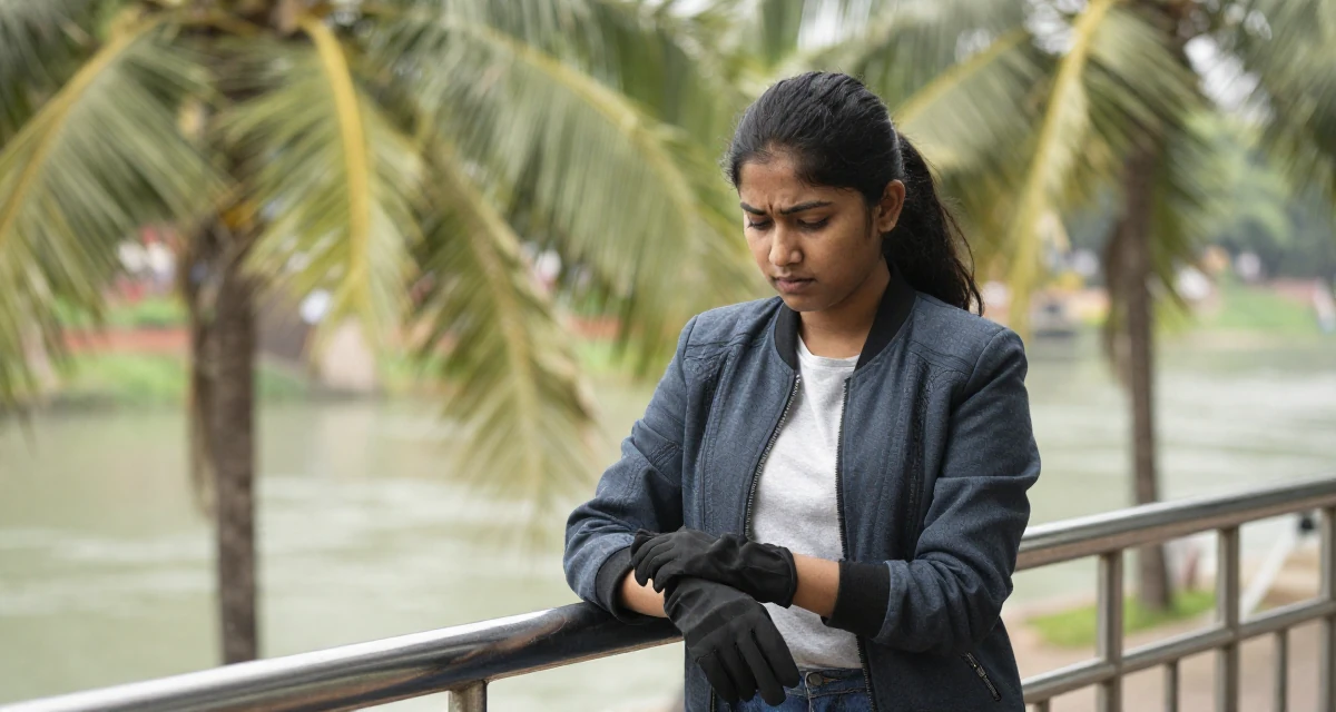 A troubled Female From New Delhi India, majored in English literature in their 25, starting college life away from home, wearing a structured jacket with casual tee, removing a glove in a waiting room.