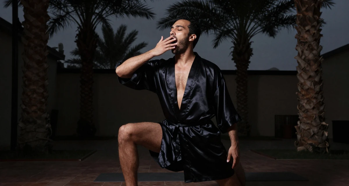 A bright and optimistic male From Arabic-speaking world, studied business law in their 25, treating sensual content as art, not pressure, wearing a short silk robe tied loosely, yawning discreetly in a yoga studio.