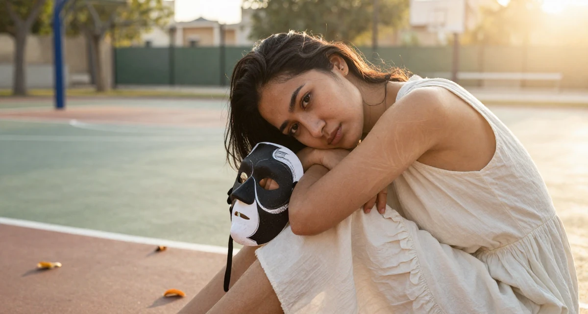 A grounded Female From Abu Dhabi UAE, studied finance and banking in their 25, experimenting with niche themes to stand out, wearing a airy cotton dress for summer, holding a mask (cosplay/prop) in a basketball court.