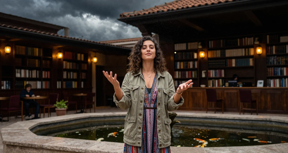 A friendly Female From Spain, based in Valencia, graduated from a communication institute majoring in digital storytelling in their 26, juggling real-life chaos with online expectations, wearing a relaxed bohemian style dress, buttoning up a jacket in a cinema lobby.