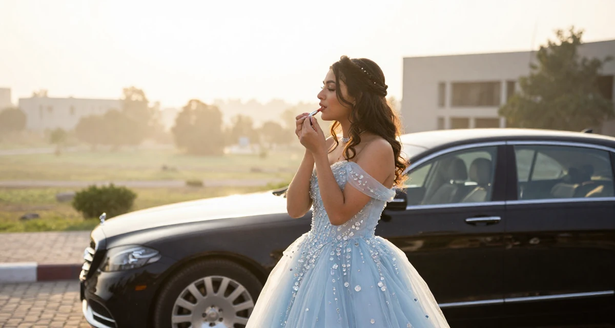 A relaxed Female From Abu Dhabi UAE, studied finance and banking in their 25, learning to balance creativity with subscriber expectations, wearing a snow queen gown with ice crystal details, applying lipstick in a university campus.
