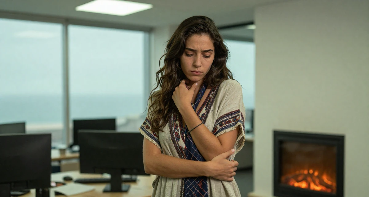 A vulnerable Female From Peru, studied hospitality and tourism management in their 21, glowing with the thrill of legal drinking age, wearing a relaxed bohemian style dress, playing with a tie in a high-rise office building.