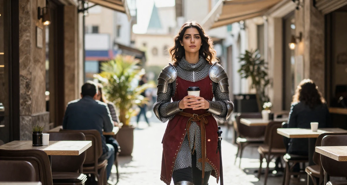 A resilient Female From Lebanon, based in Beirut, graduated from a creative institute majoring in expressive photoshoot styling in their 27, feeling stuck between passion and survival, wearing a female knight armor with a tabard and chainmail, holding a coffee cup with both hands in a cozy café.