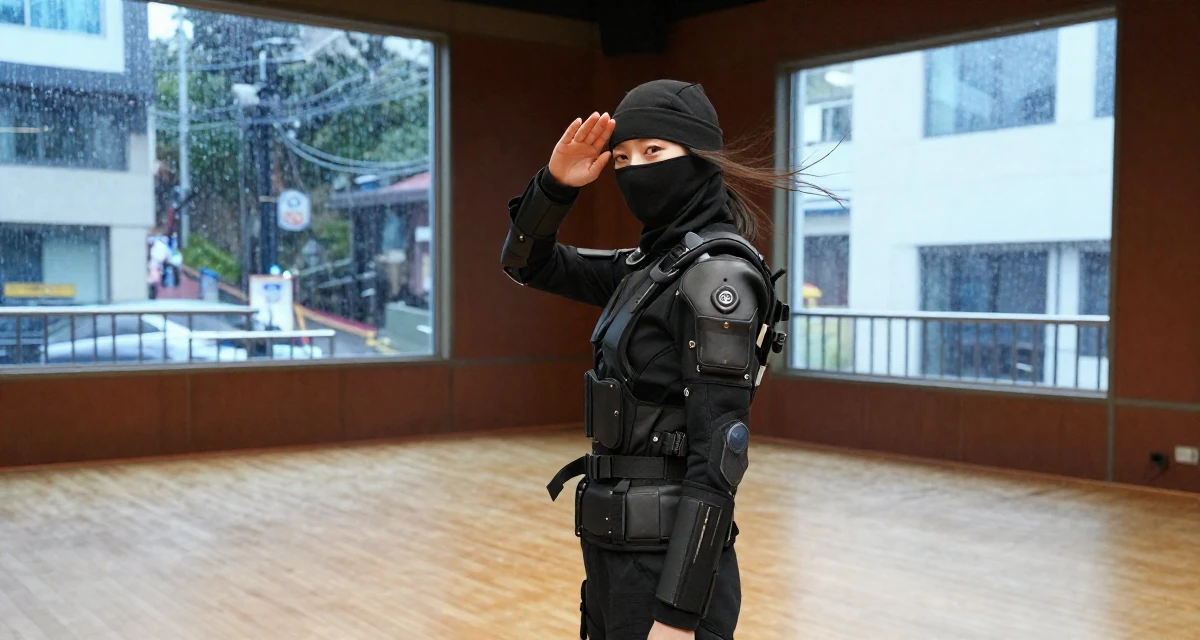 A humble Female From South Korea, based in Busan, graduated from a design institute majoring in visual communication in their 32, newly married and adjusting to shared finances, wearing a tech-wear ninja outfit with a face mask, shielding face from the wind in a empty theater stage.