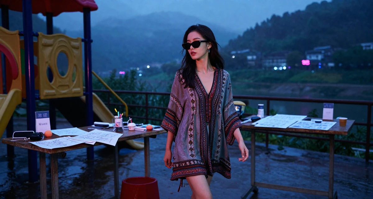A relaxed and observant Female From Chongqing China, holds a degree in psychology in their 23, discovering the thrill of tasteful seduction, wearing a relaxed bohemian style dress, lowering sunglasses to look out in a school playground.