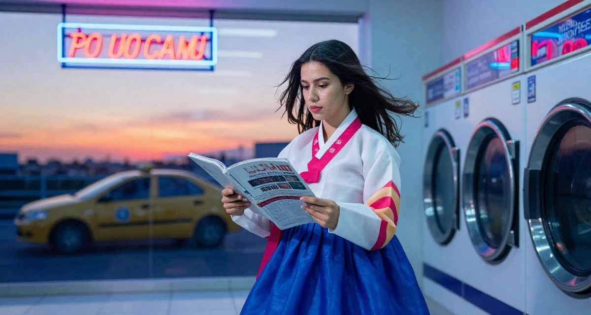 A longing Female From Rio de Janeiro Brazil, majored in public relations in their 25, shaping long-term career direction, wearing a traditional hanbok modified for a modern look, flipping through a magazine in a laundromat with neon signs.