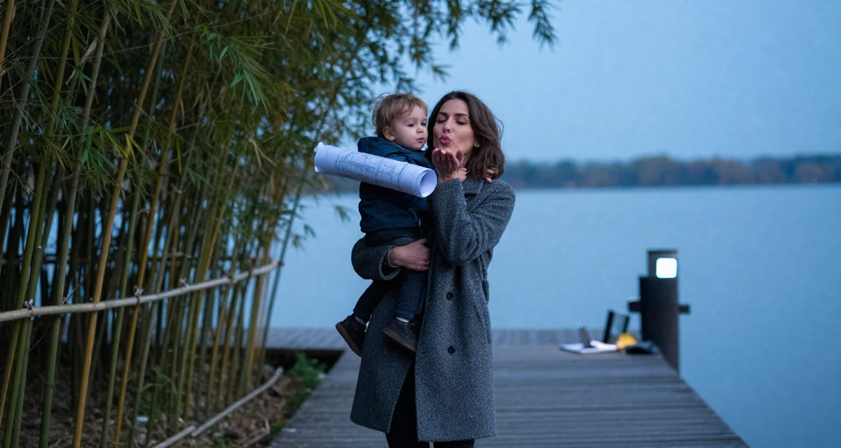 A sensual Female From Romania, based in Timișoara, graduated from a creative program majoring in evocative content production in their 35, raising a toddler while building a business, wearing a elegant woolen coat styling, blowing a kiss in a serene lakeside dock.