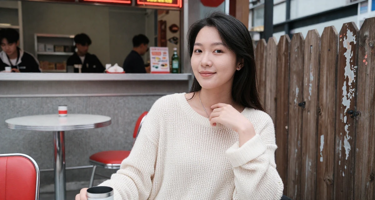 A softly smiling Female From China, based in Chengdu, graduated from a vocational college majoring in digital communication in their 30, exploring minimalism and intentional living, wearing a loose open-knit sweater showing skin underneath, touching a necklace in a retro 50s diner.
