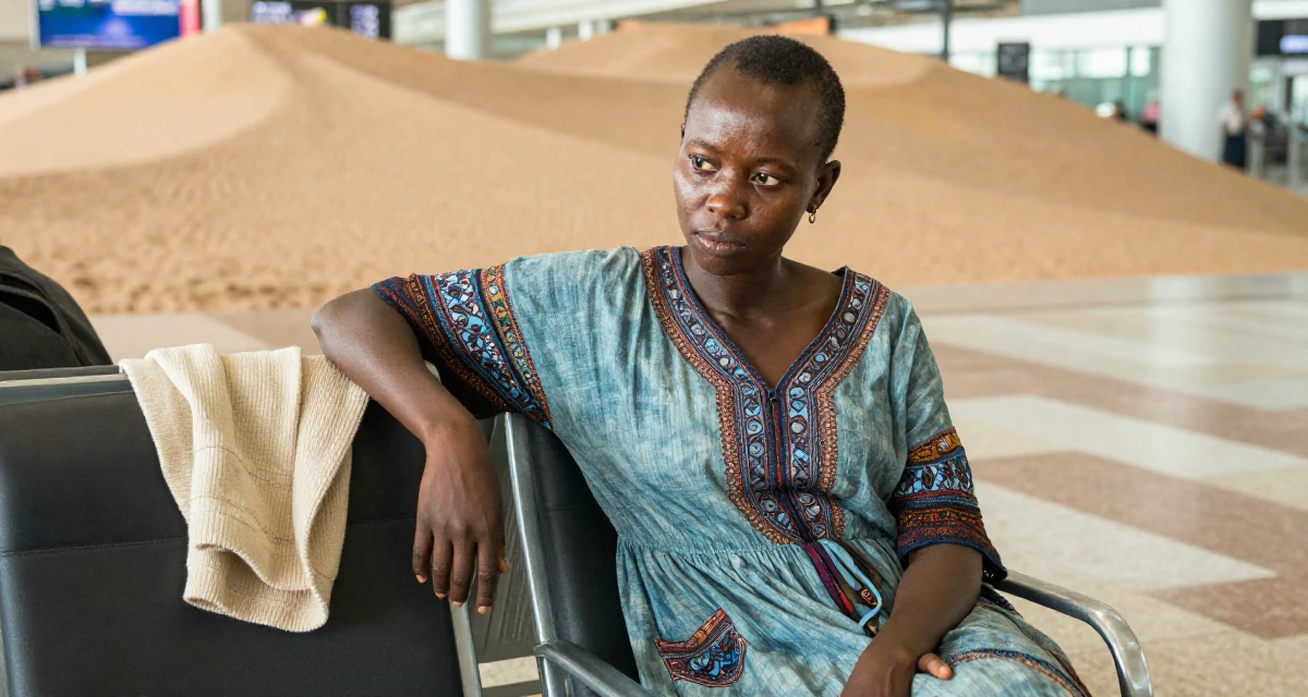 A solemn Female From Tanzania, studied wildlife conservation in their 39, recently moved to a new city, wearing a relaxed bohemian style dress, reaching for a pocket in a airport departure lounge.
