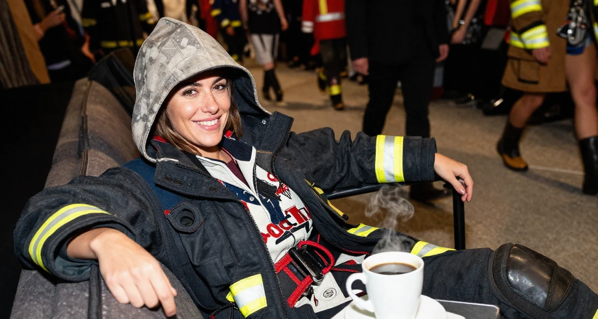 A warm Female Former firefighter trainee, now producing strength-based content in their 23, learning to set boundaries with bosses, wearing a assassin creed style hooded robe and tunic, holding a railing in a fashion runway.