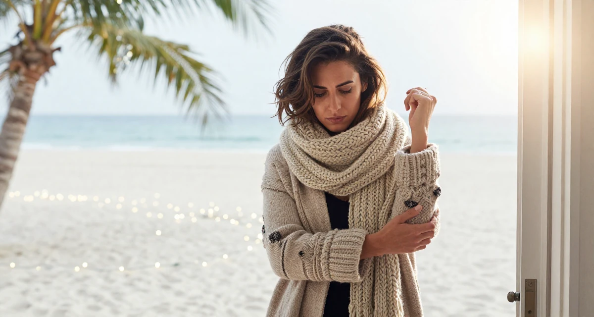 A intense Female From Lebanon, based in Beirut, graduated from a creative institute majoring in expressive photoshoot styling in their 49, noticing early burnout signs, wearing a heavy knit scarf and coat, adjusting sleeves in a tropical white sand beach.