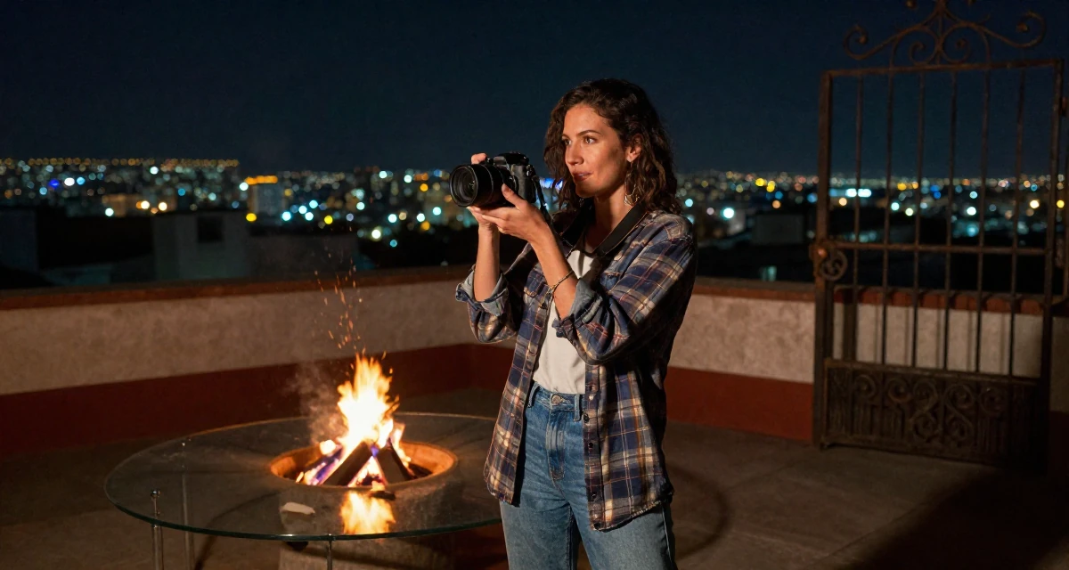 A nostalgic Female From Chile, majored in astronomy in their 34, advocating for eco-friendly parenting, wearing a rugged flannel shirt and denim, holding a camera ready to shoot in a campfire circle.