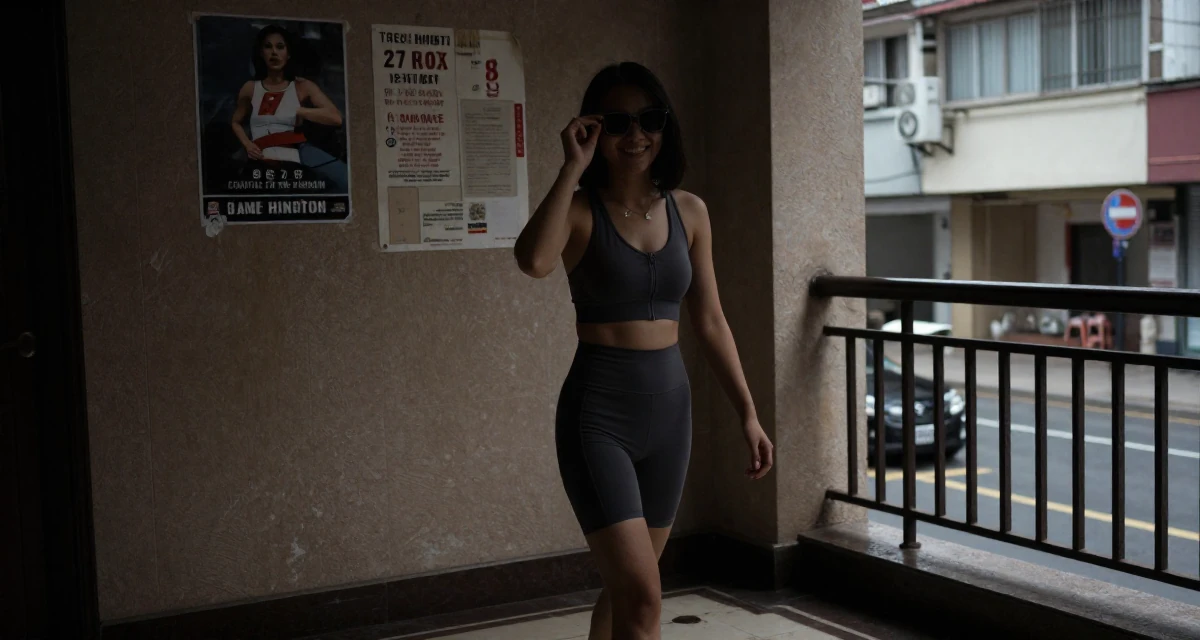 A innocent Female From China, holds a degree in human resource management in their 27, forcing yourself to smile in content on bad days, wearing a tight biker shorts and a sports bra with a zip front, putting on sunglasses in a hotel lobby.