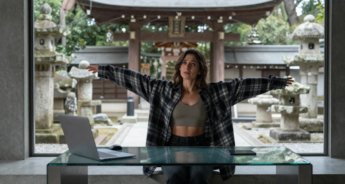 A confused Female From Argentina, studied digital marketing in their 25, strengthening personal boundaries and priorities, wearing a oversized flannel shirt unbuttoned over a crop top, stretching arms after waking in a Japanese Shinto shrine.