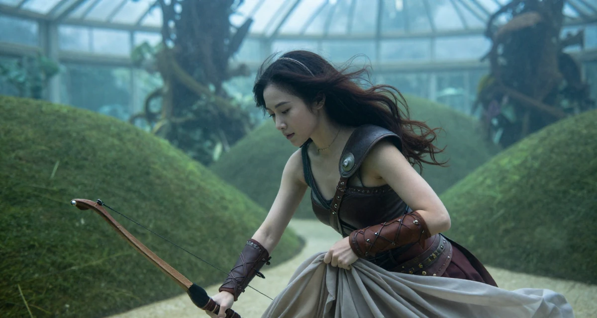 A gentle Female From Penang Malaysia, explored sensual storytelling through dance videos in their 27, investing in equipment instead of vacations, wearing a fantasy elven archer outfit with leather armor details, smoothing down a dress in a botanical greenhouse.
