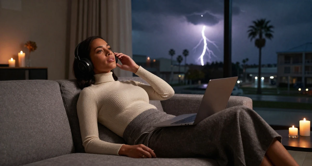 A ambitious Female From Canada, studied kinesiology in their 43, mentoring young professionals in the field, wearing a ribbed mock neck top and a long wool skirt, listening to music with headphones in a modern apartment living room.