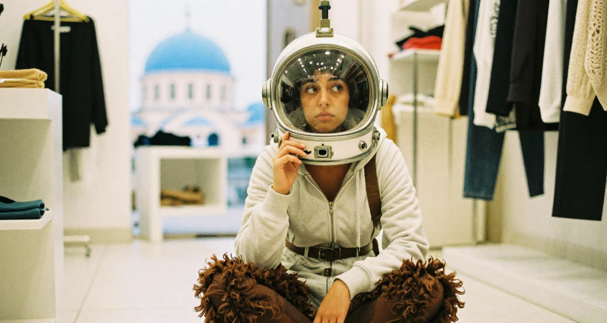 A distracted Female From Cairo Egypt, studied anthropology in their 27, questioning long-term sustainability of creator life, wearing a retro sci-fi space girl outfit with a bubble helmet, zipping up a hoodie in a clothing boutique.