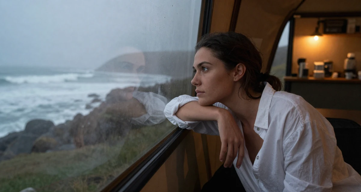 A poised Female Born in New Zealand, studied creative media production in their 34, exploring the world of digital art and NFTs, wearing a white shirt unbuttoned to the chest, looking at a reflection in a window in a camping site.