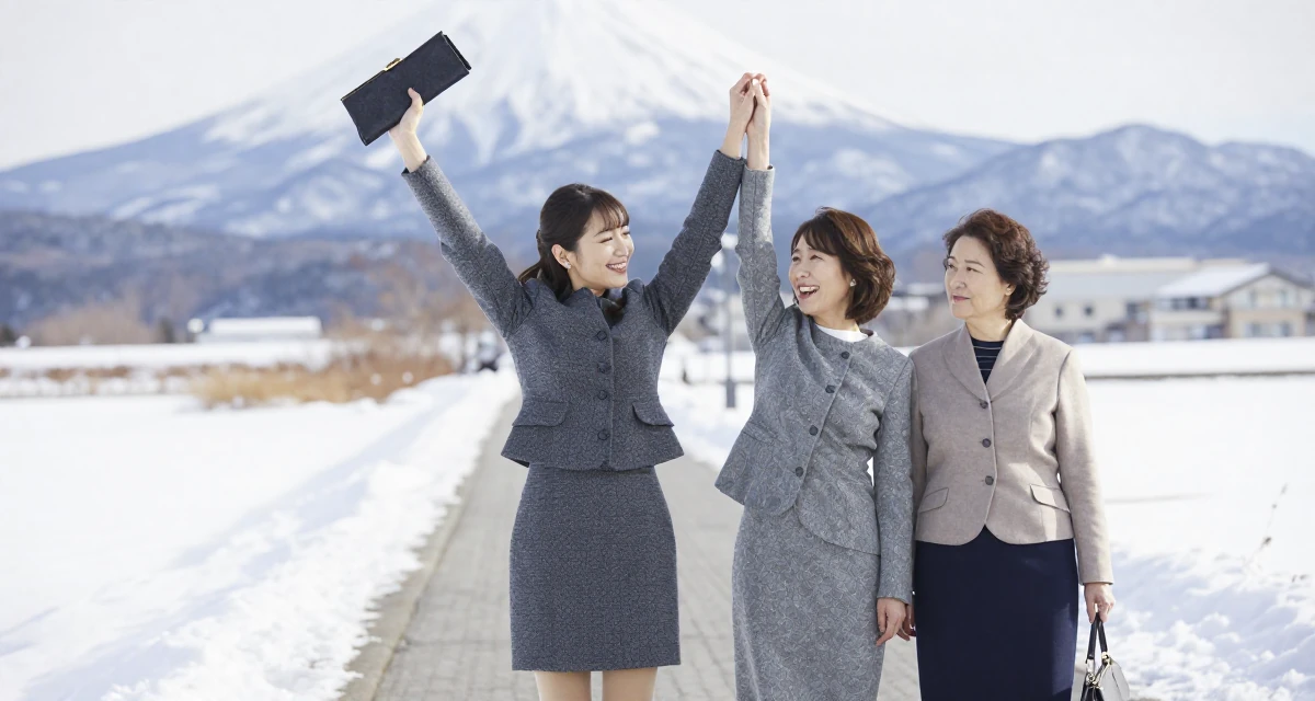 A charming Female From Japan, studied nutrition and food science in their 40, navigating the balance of career and aging parents, wearing a cropped tailored jacket and matching mini skirt, clutching a clutch bag in a snowy sidewalk.