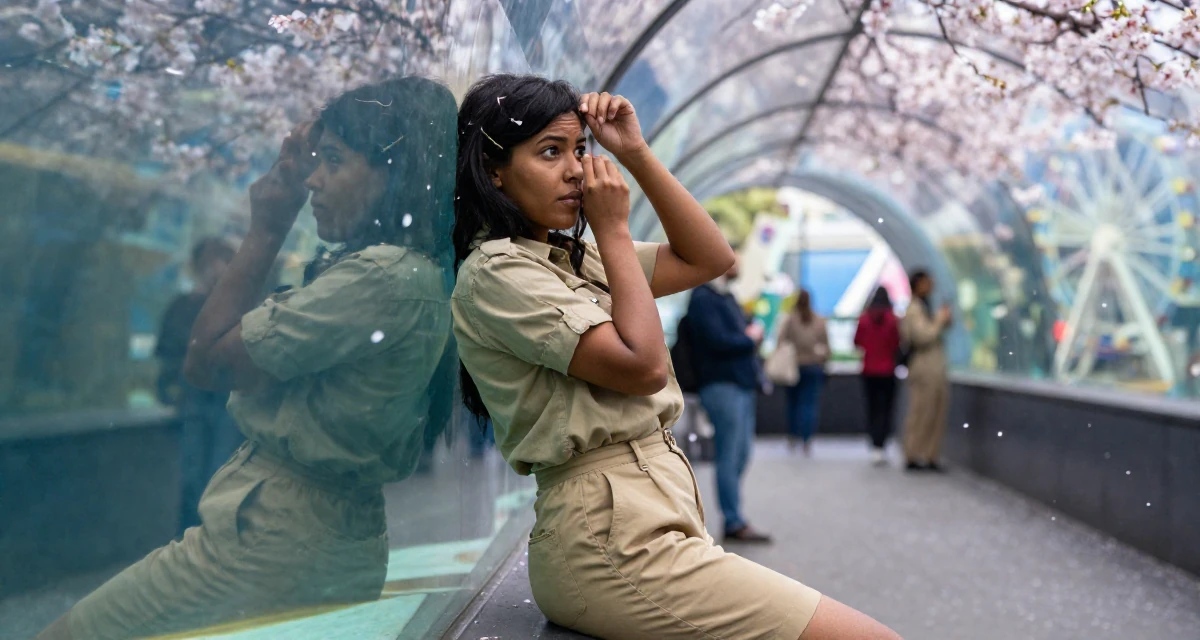 A alert and attentive Female Raised in Kenya, studied digital entrepreneurship in their 28, facing creator fatigue while pretending to thrive, wearing a safari explorer outfit with khaki shorts, adjusting a hairpin in a aquarium tunnel.
