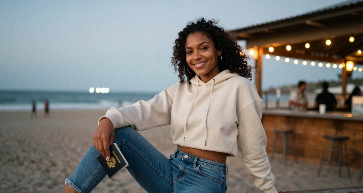 A warm and welcoming Female From Trinidad & Tobago, studied performing arts in their 23, feeling pressure to “figure life out” quickly, wearing a cropped hoodie showing midriff and low-rise jeans, holding a passport in a beach bar.