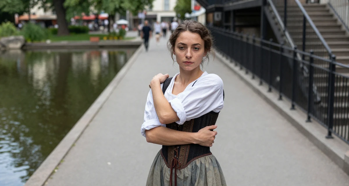 A aloof Female From Kraków Poland, studied emotional choreography in contemporary dance in their 24, healing from past emotional wounds, wearing a peasant girl corset dress with a white blouse, rolling up sleeves in a zoo pathway.