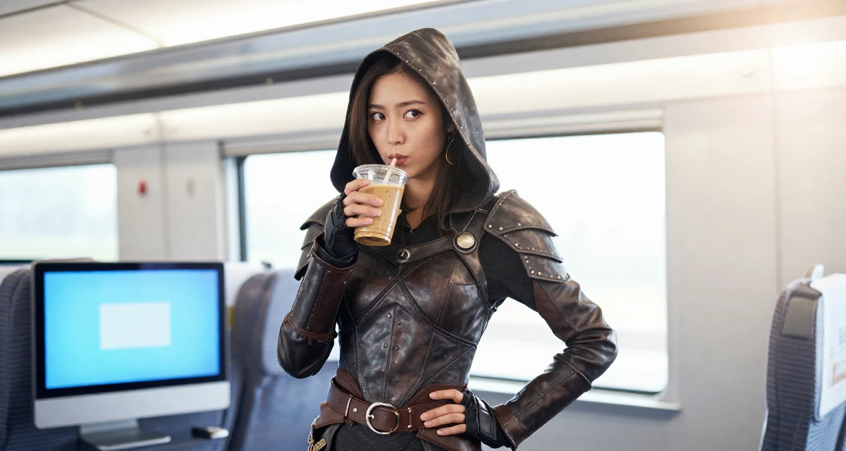 A wistful Female From Chengdu China, majored in fashion design in their 25, confident enough to wear what they truly like, wearing a fantasy rogue leather armor with a hood, sipping a latte in a train carriage.