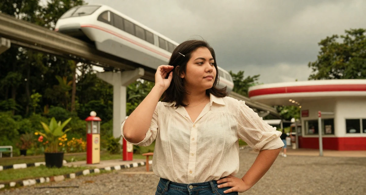 A placid Female From Jakarta Indonesia, developed body-positive messaging through community work in their 22, missing the freedom of student days, wearing a lightweight chiffon blouse slightly unbuttoned, adjusting a hairpin in a forest path.