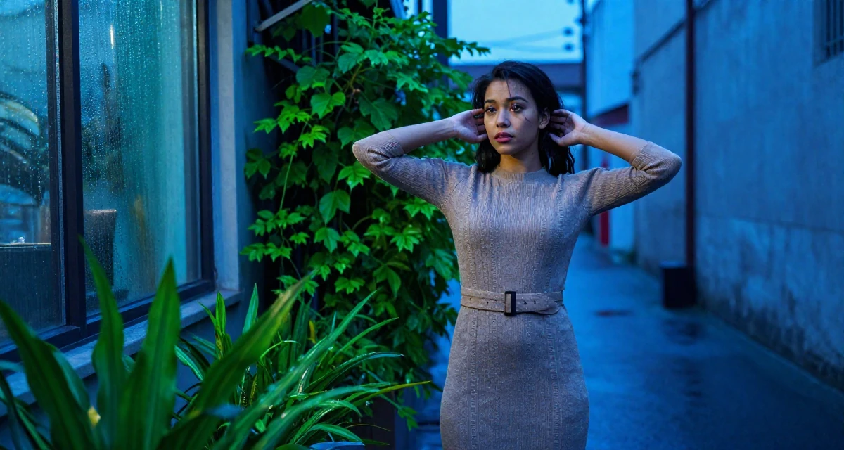 A timid Female Previously a bartender, now expressing nightlife energy through content in their 22, managing multiple social platforms for promotion, wearing a form-fitting sweater dress with a belt, tucking hair behind an ear in a neon-lit alleyway.