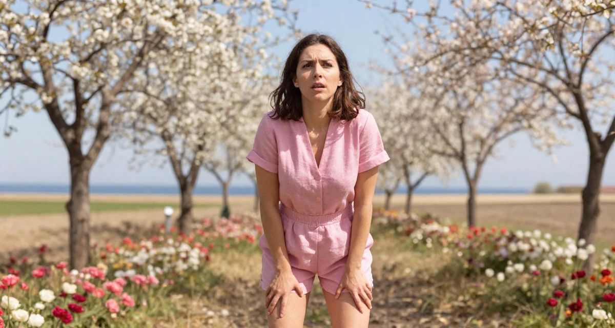 A stunned Female From Italy, based in Bologna, graduated from a local university majoring in media production in their 22, navigating the confusing world of office politics, wearing a short romper made of soft linen fabric, stretching the neck in a blooming flower garden.