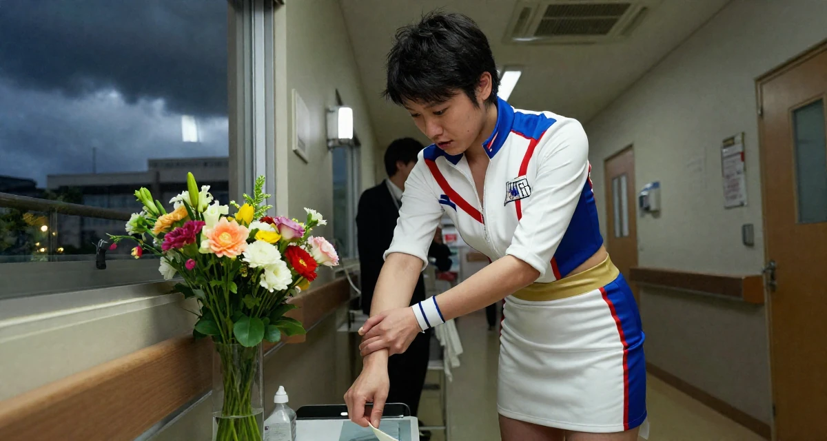 A inspired male From Osaka Japan, holds a degree in animation design in their 31, navigating the balance between career and new motherhood, wearing a race queen outfit with a zipper front and mini skirt, adjusting sleeves in a hospital corridor.