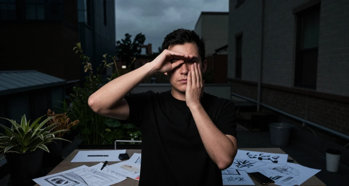 A thoughtfully silent male From the United States, based in Seattle, graduated from a community college majoring in digital marketing in their 23, building first professional networks, wearing a urban minimalist silhouette, shading eyes with a hand in a rooftop garden.