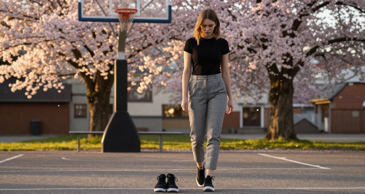 A aloof but intriguing Female From Finland, majored in educational psychology in their 20, dealing with the first major heartbreak, wearing a grey plaid trousers and a fitted black tee, looking down at shoes in a basketball court.