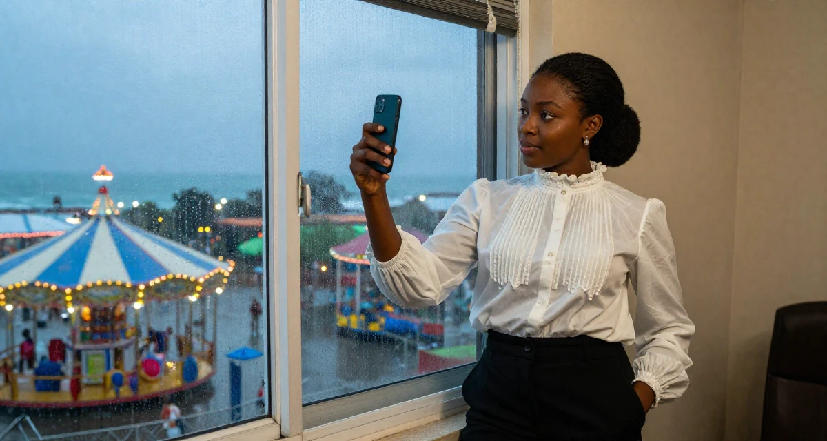 A elegant Female From Abuja Nigeria, studied public administration in their 36, sharing tips for organizing a chaotic home, wearing a high-neck victorian style blouse and black slacks, taking a photo in a carnival with rides.
