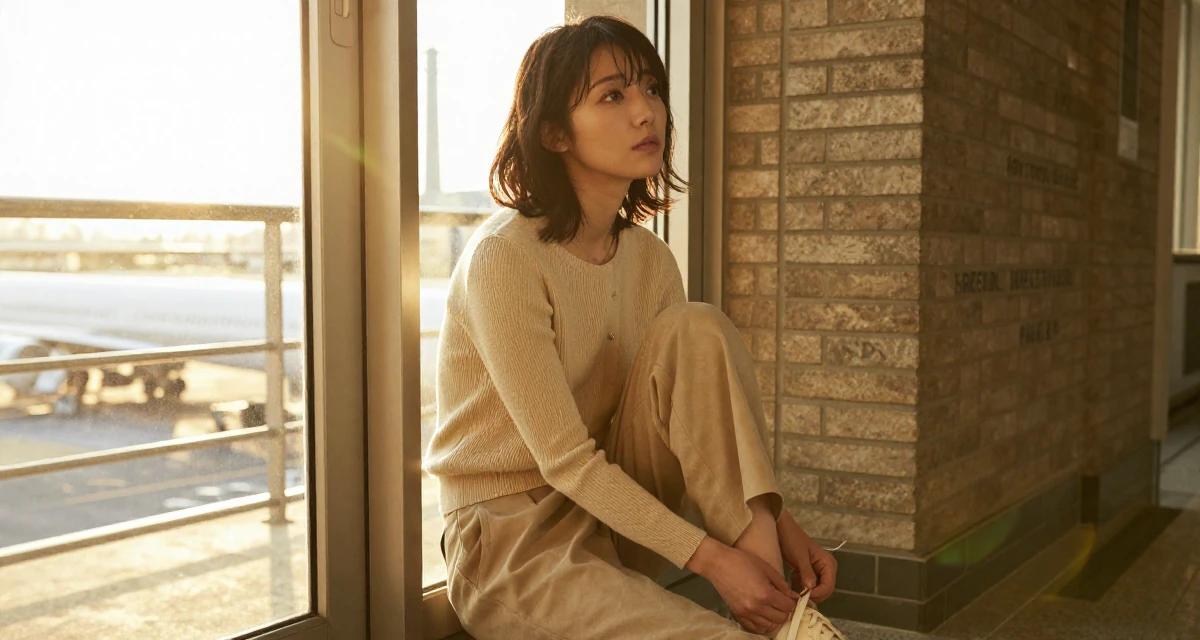 A lonely Female From Japan, studied English literature in their 27, questioning long-term sustainability of creator life, wearing a monochromatic beige outfit with a knit top and trousers, tying a shoelace in a airport terminal.