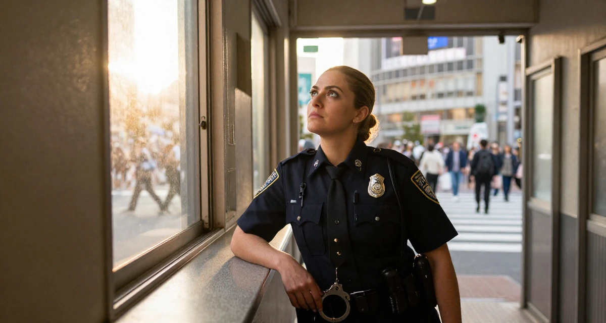 A ferocious Female From Canada, holds a degree in accounting in their 25, developing a stronger creator identity and niche, wearing a police officer uniform with a badge and handcuffs, looking up at the sky in a narrow hallway.