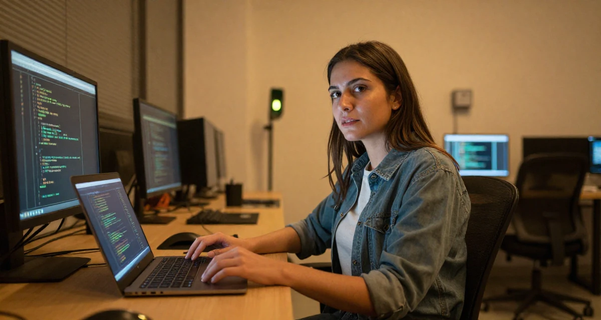 A confident Female From Peru, based in Arequipa, graduated from a local university majoring in business communication in their 24, feeling a quarter-life crisis approaching, wearing a modern casual lifestyle wear, waiting for a light to change in a cybernetic computer lab.