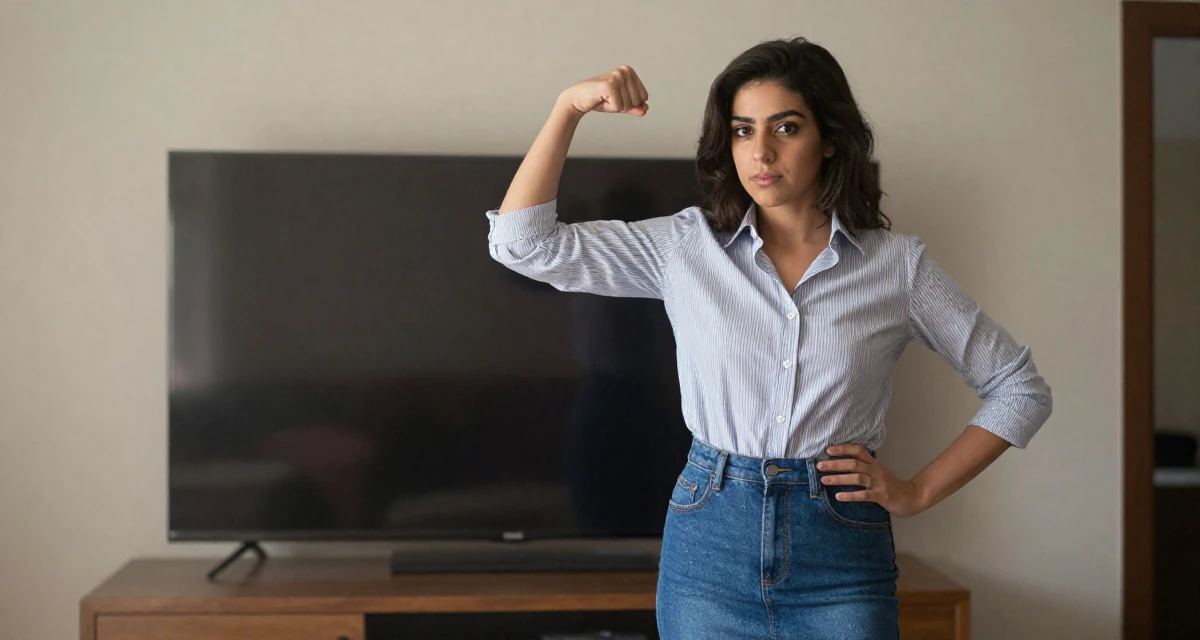 A calmly observant Female From Lebanon, based in Beirut, graduated from a creative institute majoring in expressive photoshoot styling in their 23, building consistency in personal projects, wearing a striped button-down shirt tucked into a denim pencil skirt, checking a notification on a phone in a tv set.