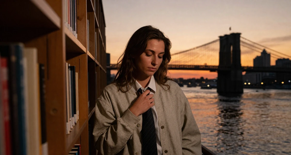 A settled Female From Rotterdam Netherlands, majored in logistics management in their 22, dealing with inconsistent income month to month, wearing a relaxed streetwear, playing with a tie in a library aisle.