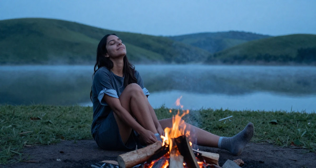 A content Female From Mexico, based in Guadalajara, graduated from a cultural academy majoring in expressive body movement in their 24, forming long-term goals for the first time, wearing a t-shirt dress with the sleeves rolled up, pulling up a sock in a campfire circle.