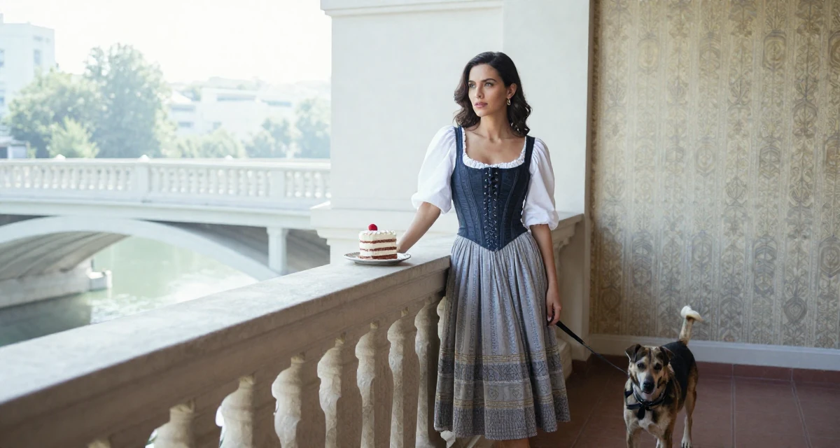 A alluring Female Previously a pastry student, now blending dessert aesthetics with lifestyle content in their 41, rediscovering personal style after forty, wearing a peasant girl corset dress with a white blouse, walking a dog (leash visible) in a opera house balcony.