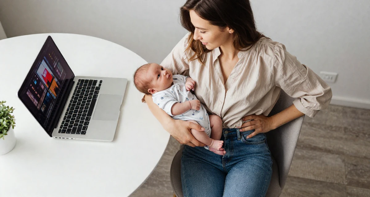 A sincere Female From Ukraine, based in Odessa, graduated from a design academy majoring in aesthetic content creation in their 35, caring for a newborn, wearing a loose fitting blouse tucked into tight jeans, holding a laptop in a dining room.