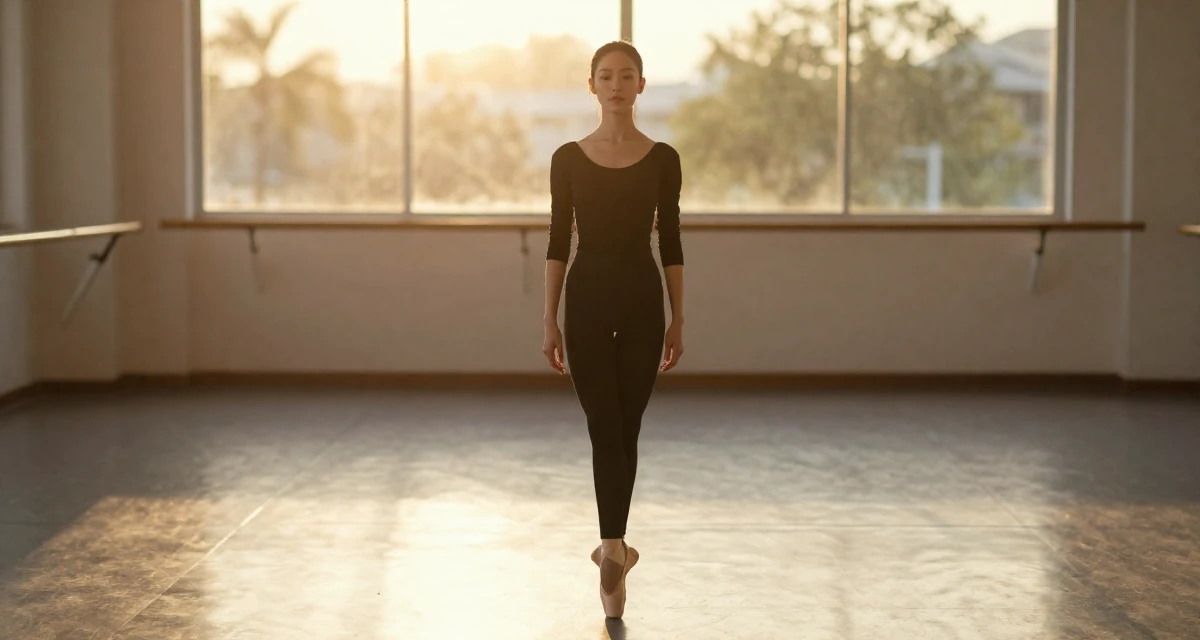 A quietly confident Female Raised in Vietnam, studied digital illustration in their 22, feeling the imposter syndrome in a first serious job, wearing a monochromatic black outfit, pausing mid-step in a ballet studio.