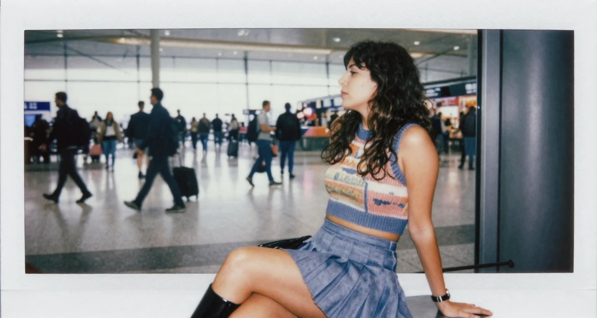 A sleepy Female From Portugal, studied marine sciences in their 40, embracing natural beauty and self-acceptance, wearing a cropped sweater vest and a pleated mini skirt, looking out the window in a airport terminal.