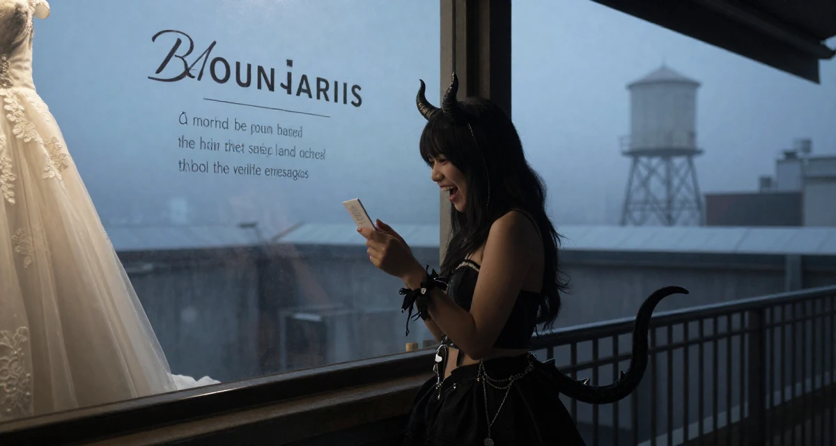 A ecstatic Female From Hong Kong, majored in graphic design in their 24, learning how to set boundaries in private messages, wearing a demon girl outfit with horns and a spiked tail, examining a product in a wedding venue.