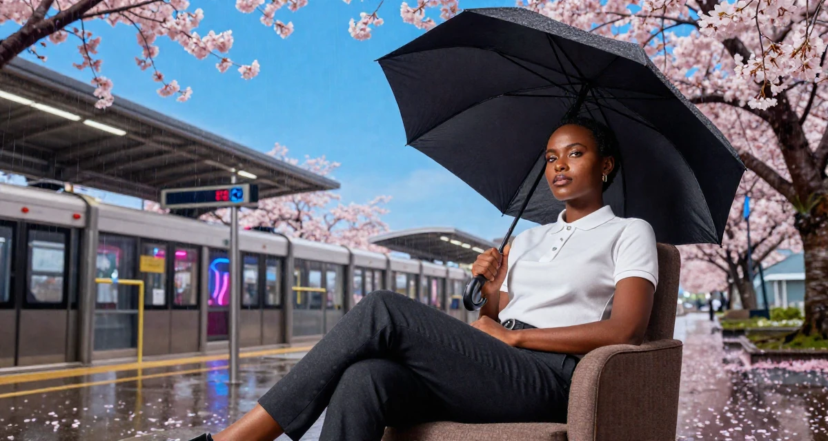 A dignified Female From Rwanda, majored in social innovation in their 32, exploring sustainable fashion and ethical living, wearing a smart polo shirt and slacks, holding an umbrella in a subway station.